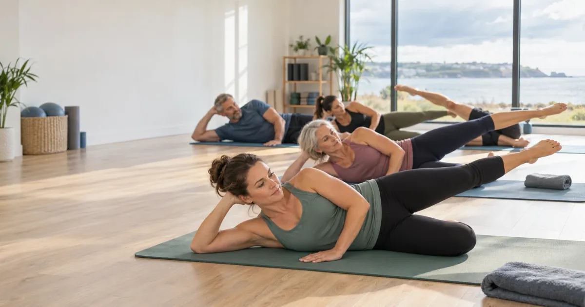 Adults of different ages doing side-lying leg lifts in a small-group mat Pilates class in a bright studio overlooking the sea